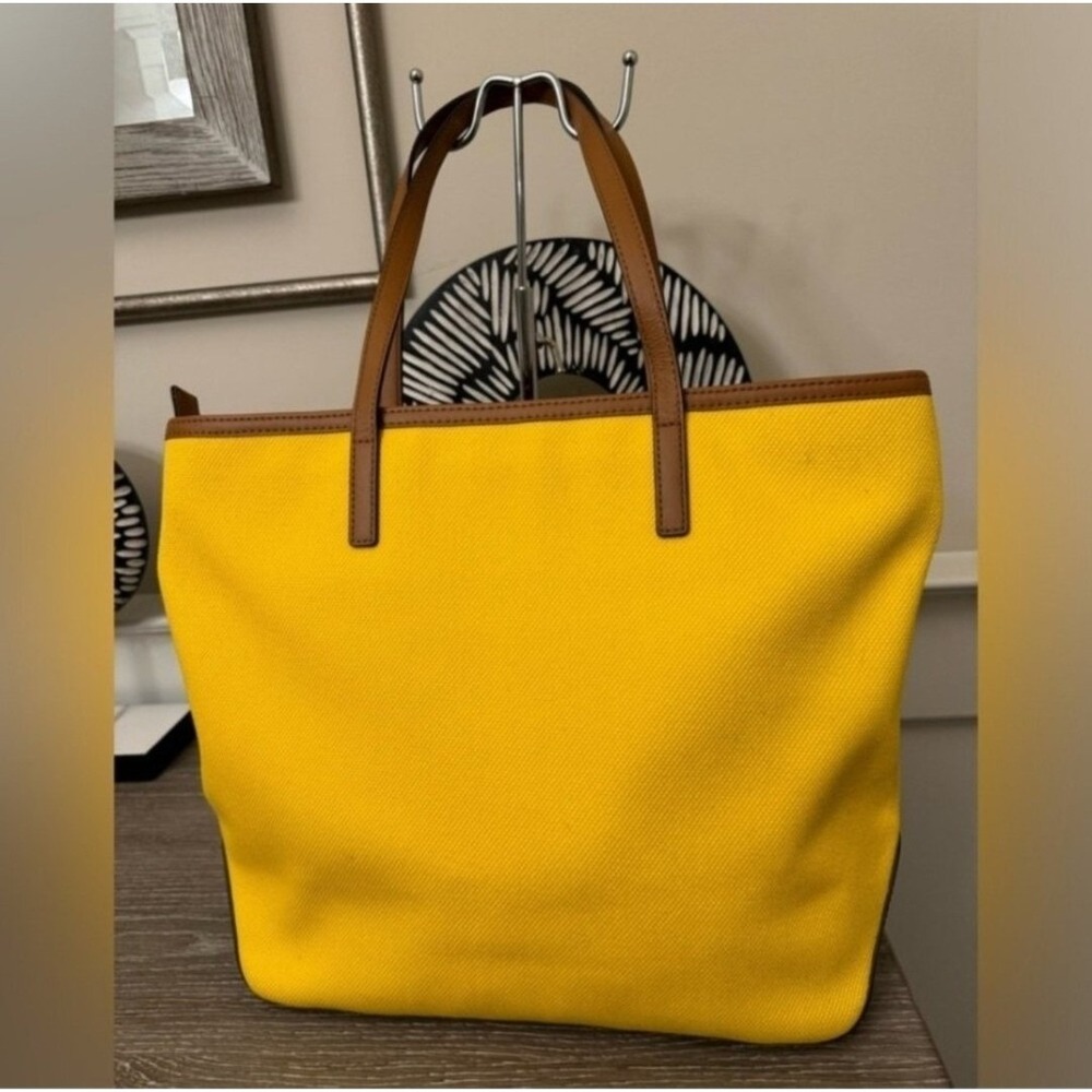 Michael Kors Yellow Canvas Satchel Tote Bag Tan Leather Trim Gold Hardware Large - Picture 3 of 10